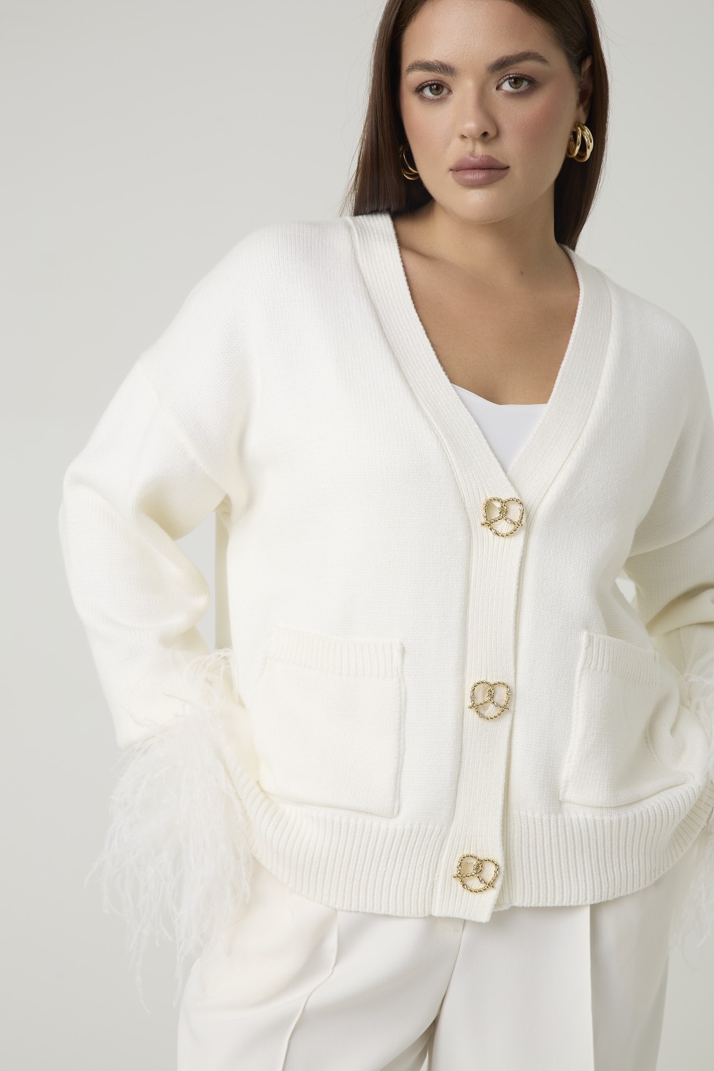 Кардиган вязаный с перьями, молочный