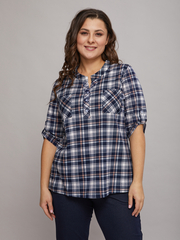 Блузка БЛ-131/синий-бежклетка
