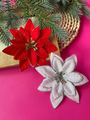 Пуансеттия (рождественская звезда) искусственная, бархатная, с блесками, 1 шт - 11 см, набор 10 голов.