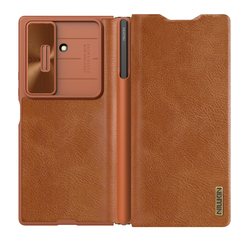 Кожаный чехол книжка коричневого цвета от Nillkin для Samsung Galaxy Z Fold 7, серия Qin Pro Leather Case (с держателем для S Pen)