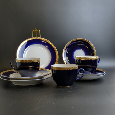 Набор из 3х чайных трио (9 предметов), фарфор ЛФЗ, кобальт с позолотой, винтаж СССР 1970-1990 гг