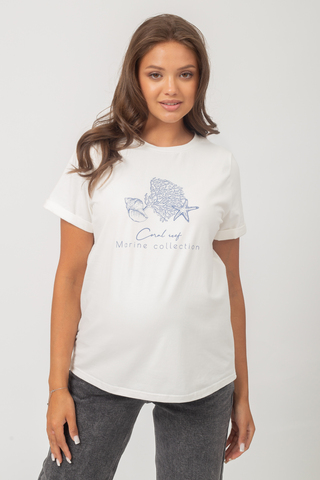 Футболка для беременных 18116 молочный принт Корал ракушка