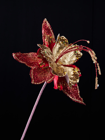 Веточка с цветком 18x61см ChristmasDeLuxe бордовая с античным золотом