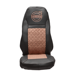 Чехлы VOLVO FH-13 после 2018 года: водитель от сиденья, пассажир от стойки кабины (один вырез под ремень) (экокожа, черный, коричневая вставка)