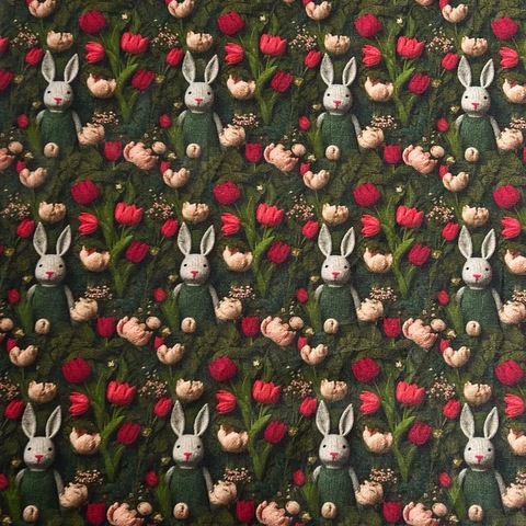 ВЯЗАНЫЙ ЗАЙЧИК С ТЮЛЬПАНАМИ,100% хлопок