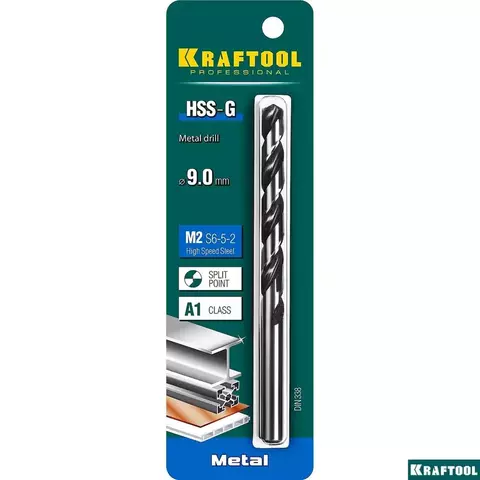 KRAFTOOL HSS-G 9.0 х125мм, Сверло по металлу HSS-G, сталь М2(S6-5-2)