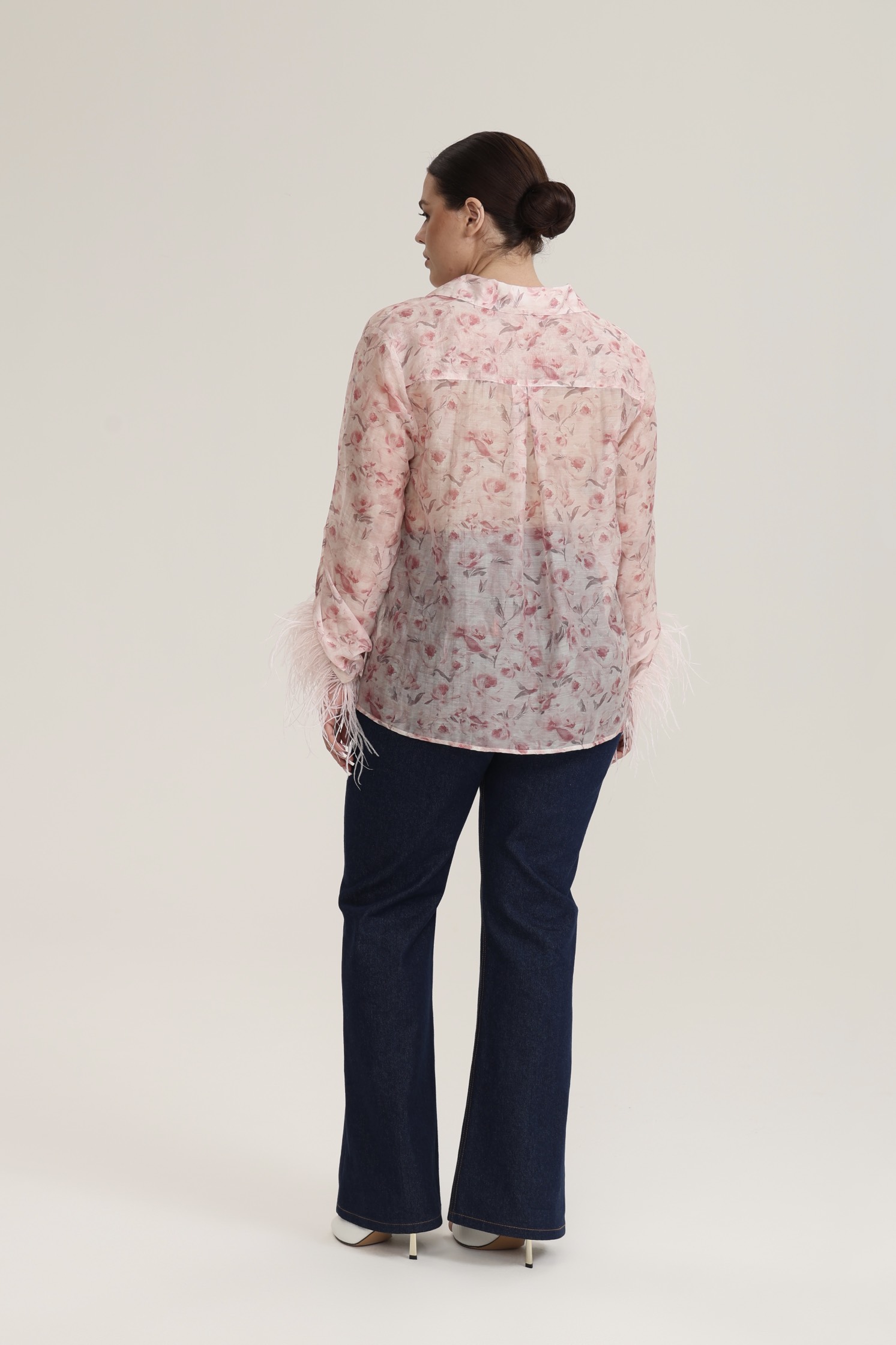 Блузка из тенселя с перьями, цветочный принт, розовый