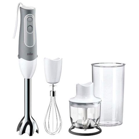 Блендер погружной BRAUN MQ525 OMELETTE, 600 Вт, 2 скорости, измельчитель, венчик, стакан, сталь, серый
