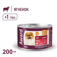 Консервы AWARD для взрослых собак, паштет из ягненка с яблоком