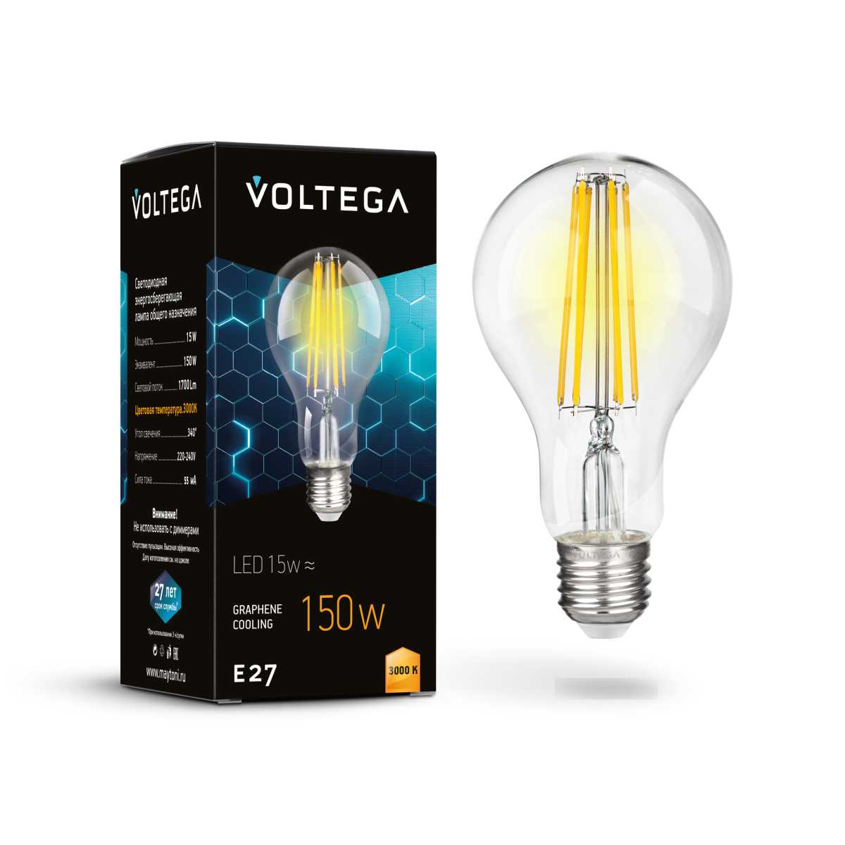Лампа светодиодная Voltega E27 12W 3000K прозрачная 7226