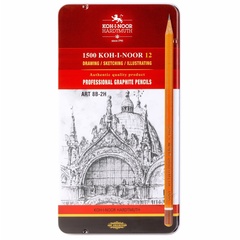 Набор чернографитных карандашей KOH-I-NOOR 1502 ART 8B-2H, 12шт, металл. коробка