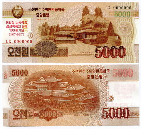 Банкнота КНДР 5000 вон 2013 (2017) год. 100 лет Ким Чен Сук (жены Ким Ир Сена, матери Ким Чен Ира). UNC