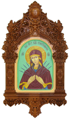 Рукописная икона Образ Божией Матери Семистрельная на кипарисе 20х15см в резном киоте