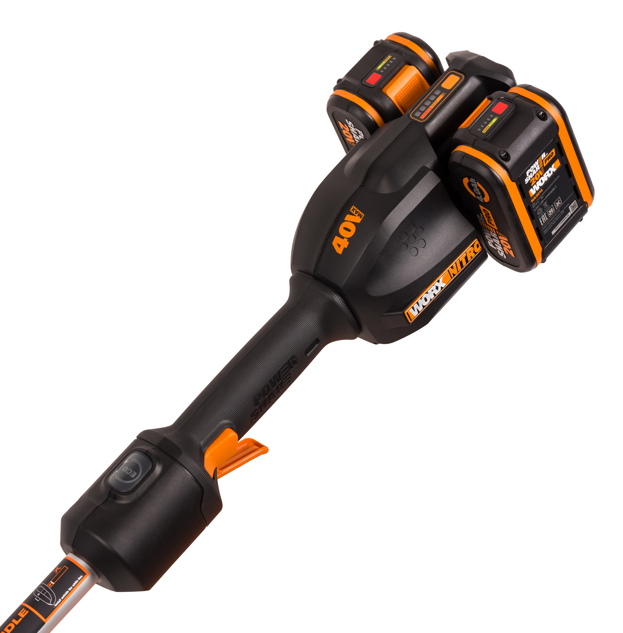 Триммер аккумуляторный бесщёточный WORX WG185E 40В, 38см, 4Ач х2, двойное ЗУ 2x2A, коробка