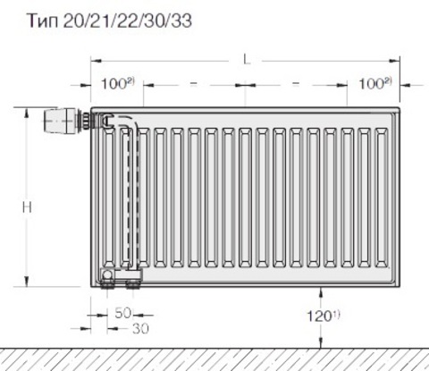 Радиатор Buderus VK-Profil 33/300/1400 Нижнее подкл 2869Вт (левое исполнение) Арт.7724147314