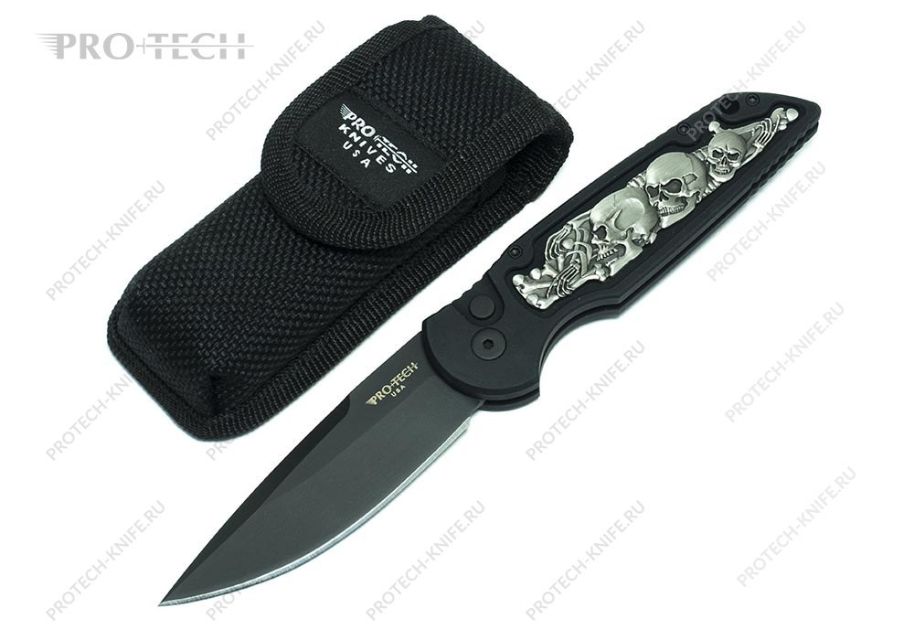 Нож Pro-Tech TR-3 black Skull & Bones inlay - фотография 
