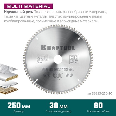 KRAFTOOL Multi Material 250х30мм 80Т, диск пильный по алюминию