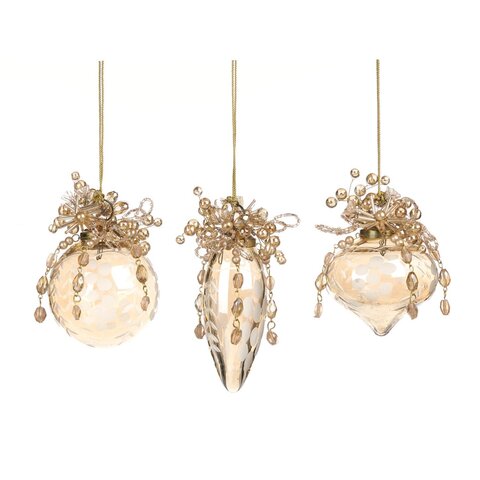 Шарики 3шт 9см Goodwill с верхушкой из бусин кремово-золотые