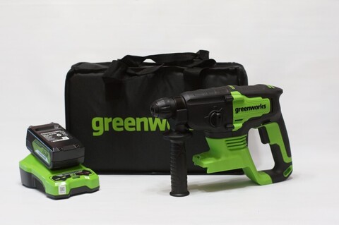 Аккумуляторный перфоратор Greenworks GD24SDS2, 3803007UB,24v, 2 Дж, АКБ 4 А·ч и ЗУ в сумке