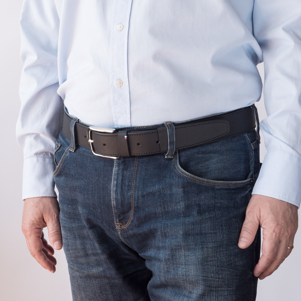 Ремень мужской кожаный из теленка черного цвета для джинсов ширина 40мм пряжка Сталь