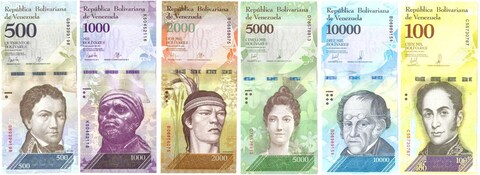 Набор из 6 банкнот (500,1000,2000,5000,10000,100000 боливаров) Венесуэлы 2016-2017 гг