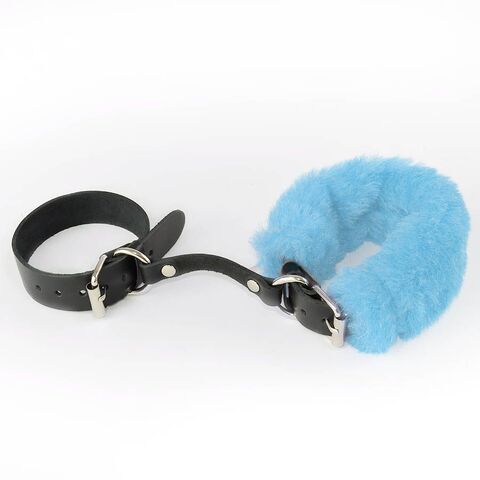Черные кожаные наручники со съемной голубой опушкой - Sitabella BDSM accessories 3442-15