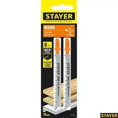 STAYER T111C, T-хвост., HCS сталь, по пластику/дереву/ДСП, шаг зуба 3 мм (8TPI), раб. длина 75 мм, 2 шт, полотна для лобзика, Professional (15987-3)