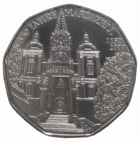 5 евро. 850 лет городу Мариацелль. Австрия. 2007 год. Серебро. UNC