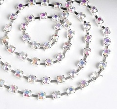 Цепь со стразами, ss16, ш. 4 мм, серебро напыление AB в серебряной оправе