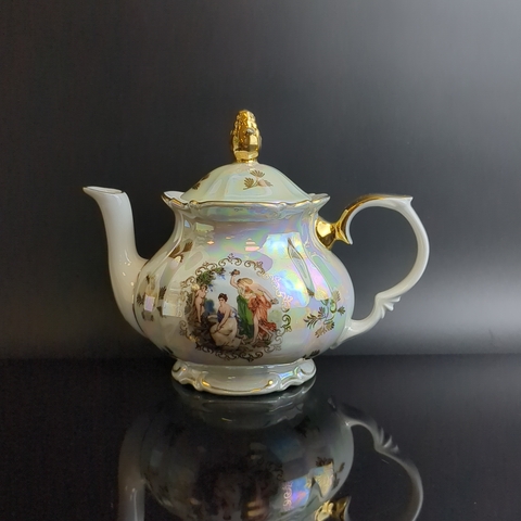 Чайник заварочный фарфоровый из сервиза "Мадонна", Kahla GDR, люстр, изображение, золочение, винтаж времён 1970-1990 гг