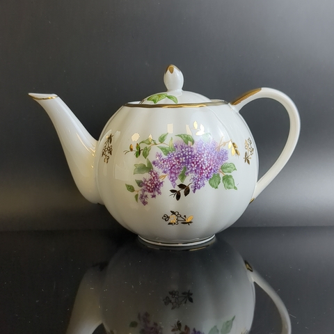 Чайник заварочный фарфоровый из сервиза "Сирень", Дулево ФЗ, роспись, золочение, винтаж СССР 1966 год