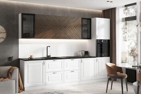 Кухня Престиж 3,0м (490) Компоновка №1 (Браш Вайт/Прайм орех, Белый (Кастилло темный))