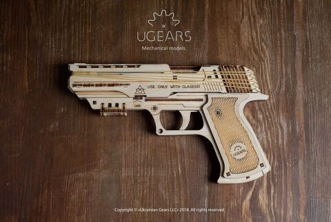 Пистолет Вольф-01 от Ugears - Деревянный конструктор, сборная модель, 3D пазл, резинкострел