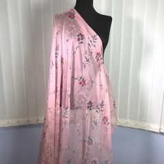 Ткань шифон шелковый розовый с  цветами 1151