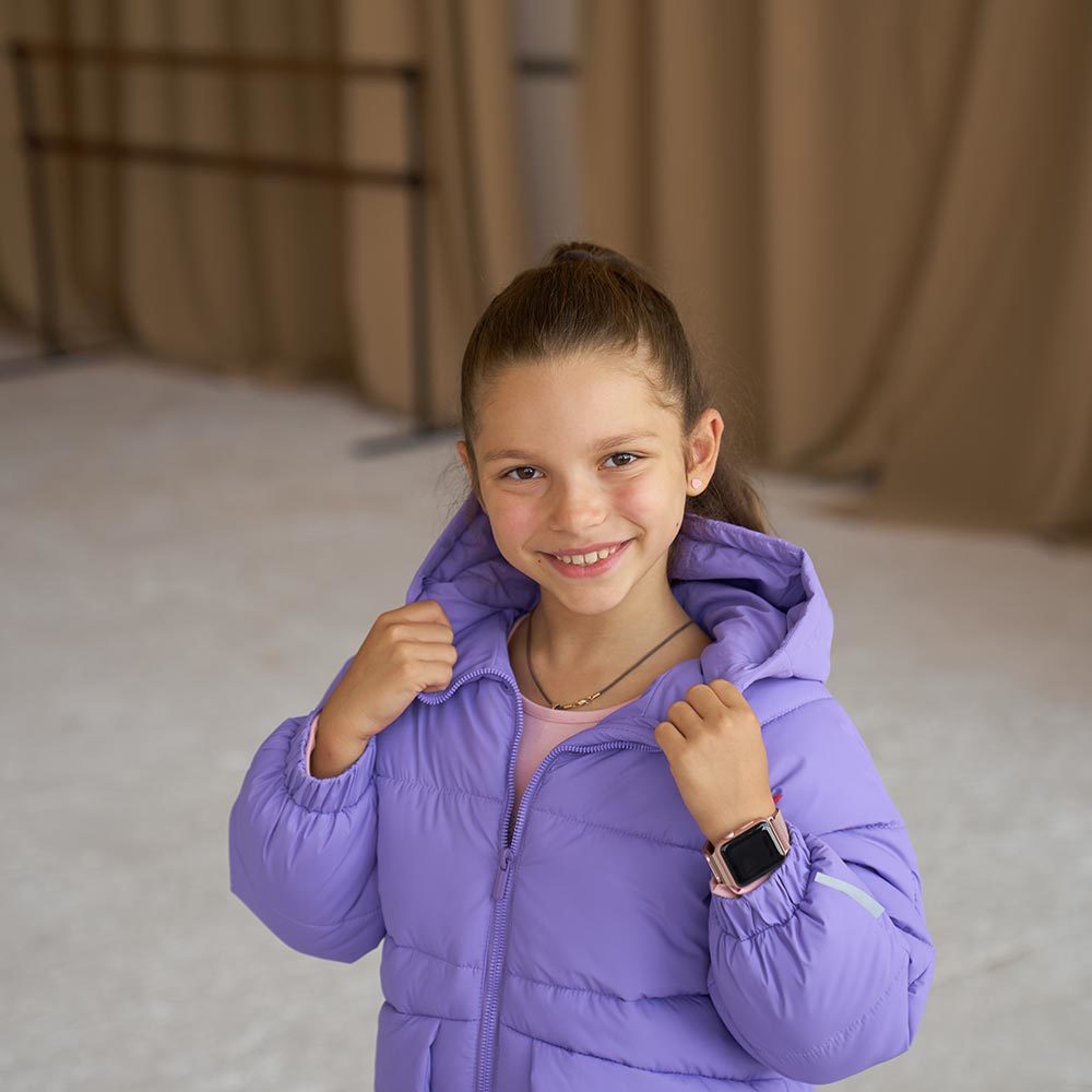 Дитяча подовжена зимова куртка в фіолетовому кольорі для дівчинки
