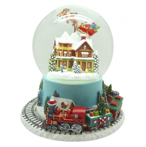 Музыкальная шкатулка 16см Musicbox Kingdom Поезд вращается вокруг шара и Санта летит над домами