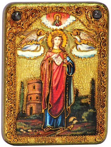 Инкрустированная рукописная икона Святая великомученица Варвара Илиопольская 20х15см на натуральном дереве в подарочной коробке