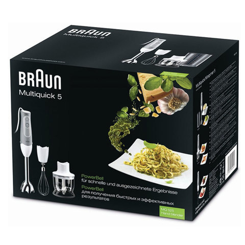 Блендер погружной BRAUN MQ525 OMELETTE, 600 Вт, 2 скорости, измельчитель, венчик, стакан, сталь, серый