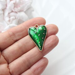 Подвеска с Сердце с зелёной эмалью, 34*23 мм, позолота, П875