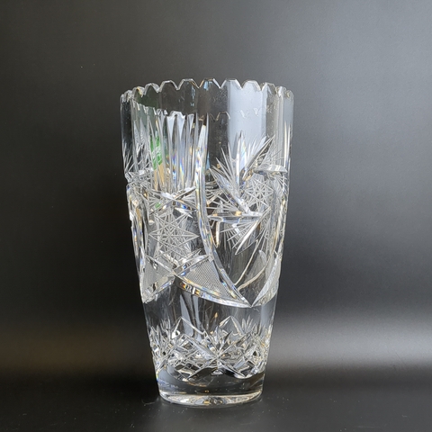 Хрустальная большая ваза для цветов, алмазная грань, ручная резка, геометрический орнамент, толстый хрусталь, 25 см, винтаж СССР 1970-1990 гг