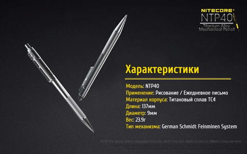 Карандаш тактический Nitecore NTP40 (18488) серебристый титан подар.кор.