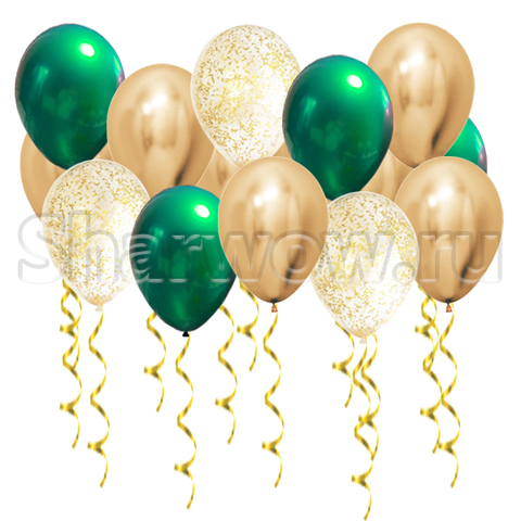Воздушные шары с гелием Хром золото и зеленый