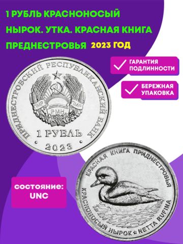 1 рубль . Красноносый нырок . Утка . Красная книга Приднестровья 2023 год