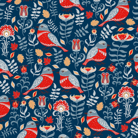 Яркие птицы с орнаментами,  цветы на синем фоне (Дизайнер Irina Skaska)