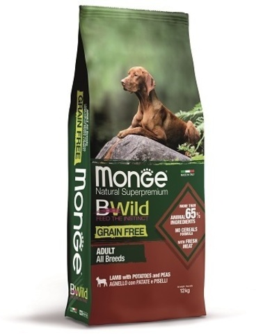 Monge Dog BWild GRAIN FREE беззерновой корм из мяса ягненка с картофелем для взрослых собак 12кг