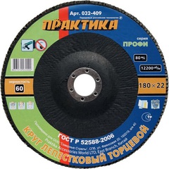 Круг лепестковый шлифовальный ПРАКТИКА 180 х 22 мм Р60 (1шт.) серия Профи (032-409)