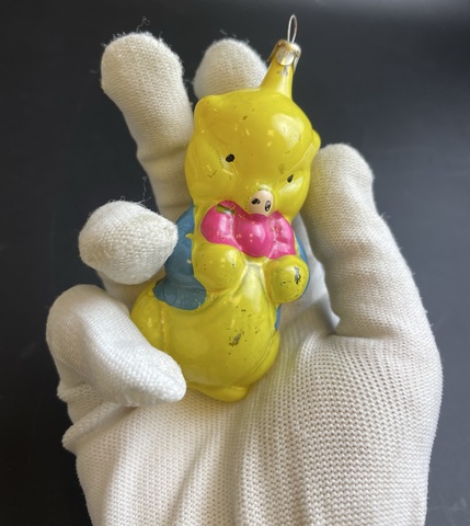 Ёлочная игрушка Поросёнок Фунтик с бантиком, стекло, сказка, подвесная, винтаж СССР 1960-1980 гг