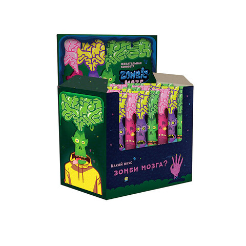 Жевательная конфета Zoмbie мозг Ассорти (клуб, манго, тутти) 1кор*12бл*75шт, 18гр