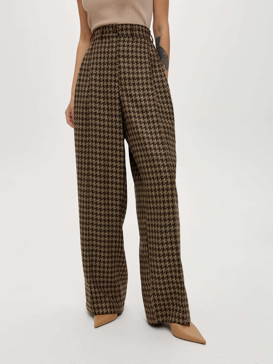 Брюки прямые широкие, гусиная лапка, коричневый