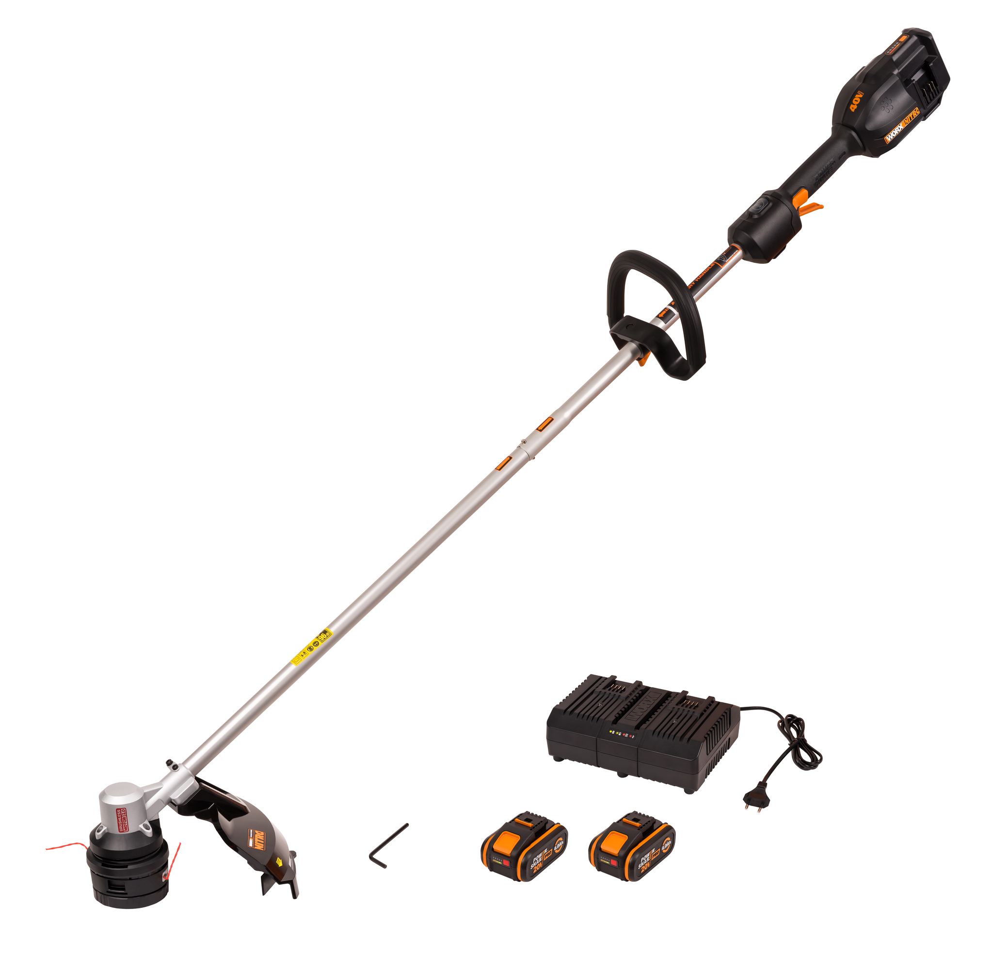 Триммер аккумуляторный бесщёточный WORX WG185E 40В, 38см, 4Ач х2, двойное ЗУ 2x2A, коробка